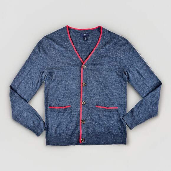 GAP Men’s Cotton Cardigan Sweater Size M Blue Red Trim Preppy Classic Academic - Picture 1 of 10